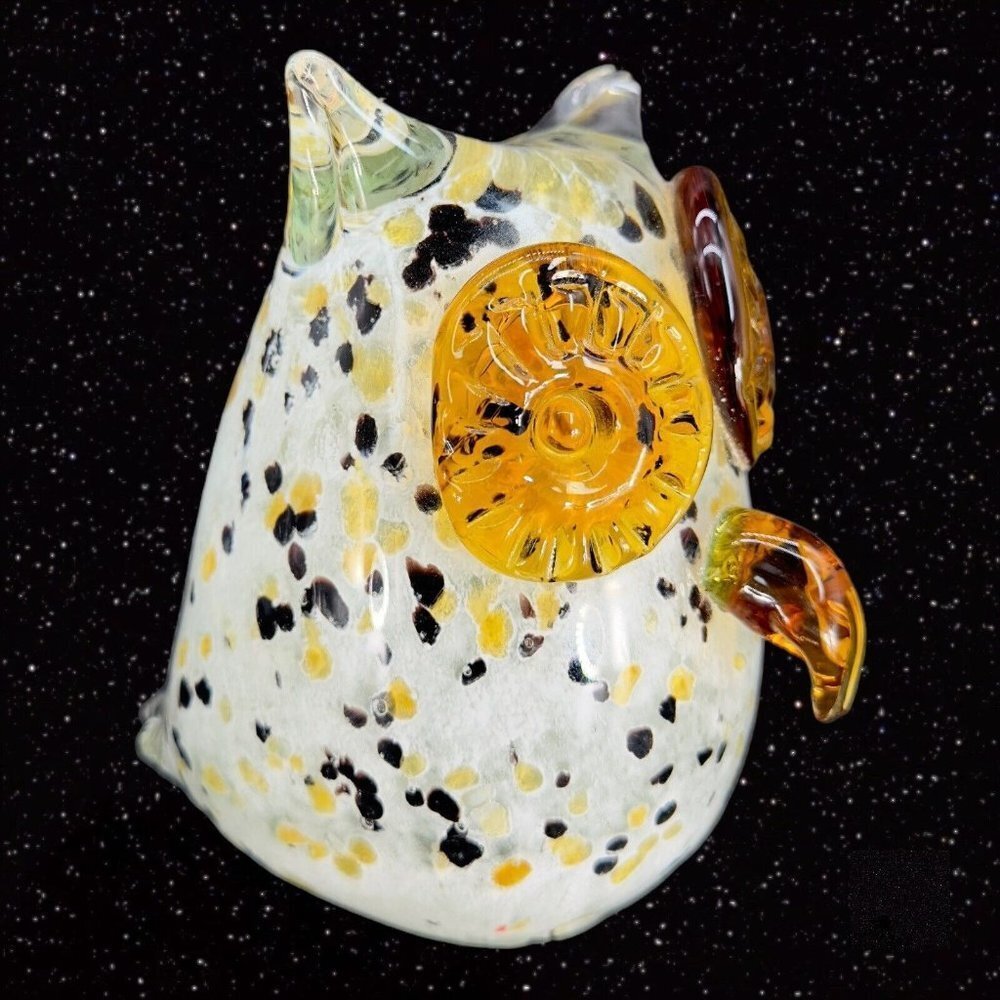 Hollow Owl Bird Art Glass Paperweight Figurine White With Dots Amber Eyes Glass